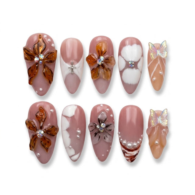 Amber Blossom & Iridescent Butterfly Press-On Nails S017