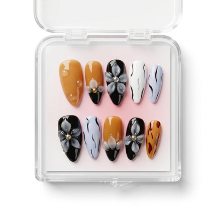 Artisan Amber & Black 3D Floral Press-On Nails S070