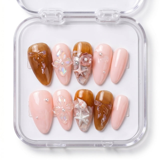 Blushing Mermaid Amber Shell Press-On Set S007