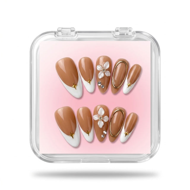 Caramel French Starburst Handmade Press-On Nails S031