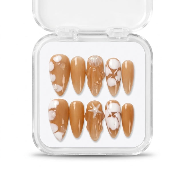 Caramel Seafoam 3D Seashell Press-On Nails S074