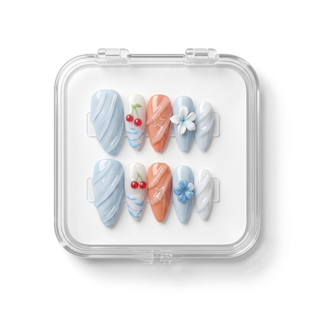 Cerulean Skies & Coral Star Charm Press-On Nails S004