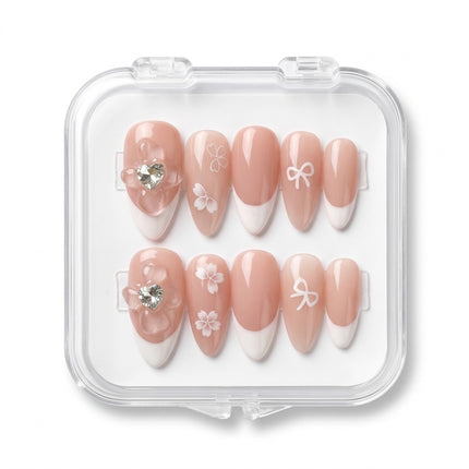 Coquette French Tip & 3D Crystal Heart Press-On Nails S084