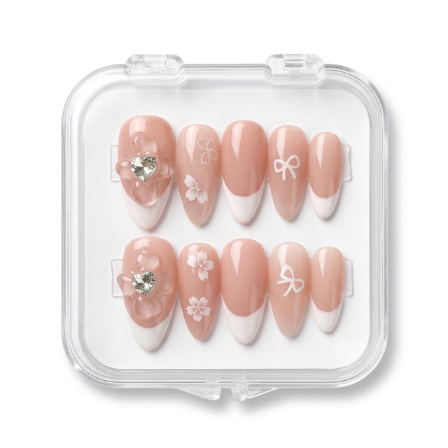 Coquette French Tip & 3D Crystal Heart Press-On Nails S084