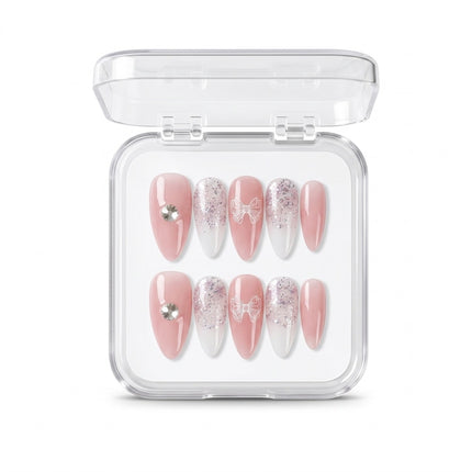 Coquette Pink Glitter Bow Handmade Press-On Nails S051