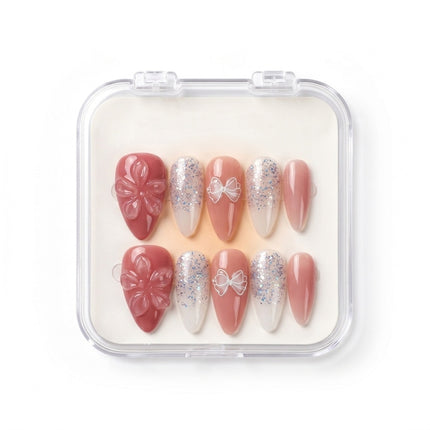 Coquette Rose & Glitter Bow Handmade Press-On Nails S039