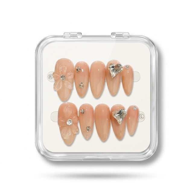 Crystal Heart & Peach Blossom Press-On Nails S047