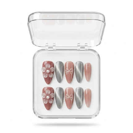 Elegant Pearl Bloom & Ribbon Bow Gel Press-Ons S018