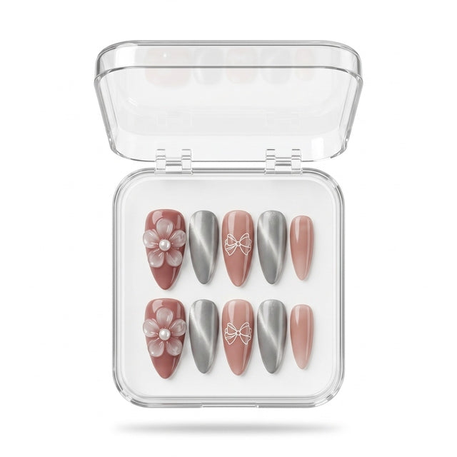 Elegant Pearl Bloom & Ribbon Bow Gel Press-Ons S018