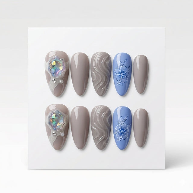 Ethereal Blossom & Opal Geode Press-On Nails S006