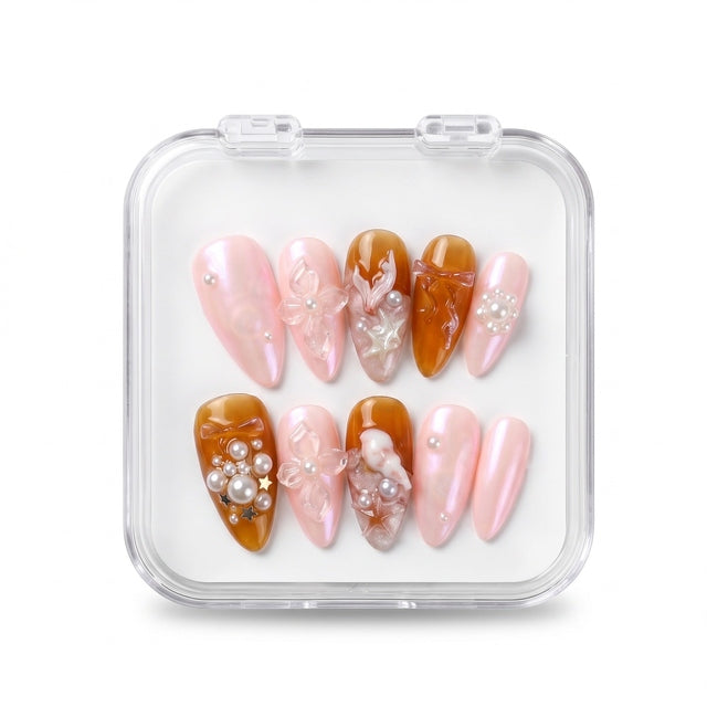 Ethereal Pearl Cluster & Amber Bow Gel Nails S069