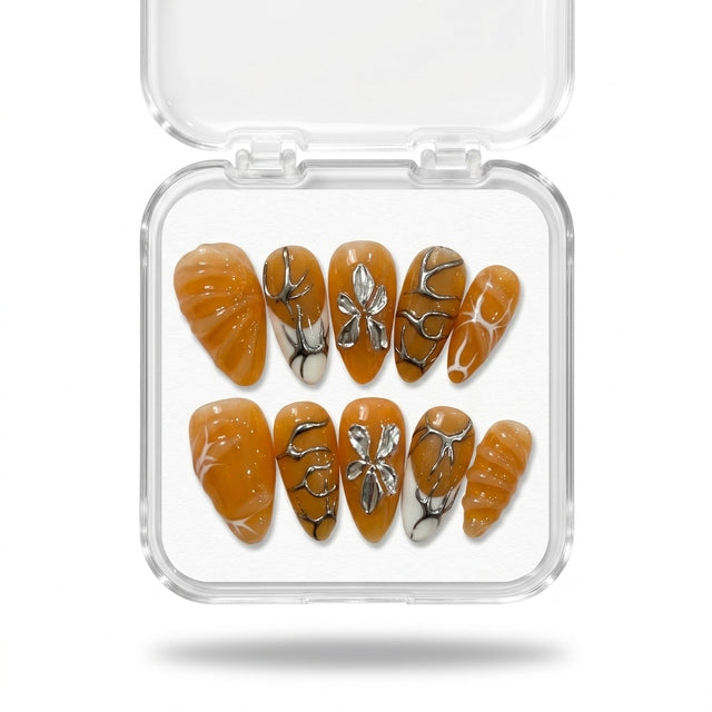 Honey Glaze & Chrome Floral Luxury Press-On Nails S019