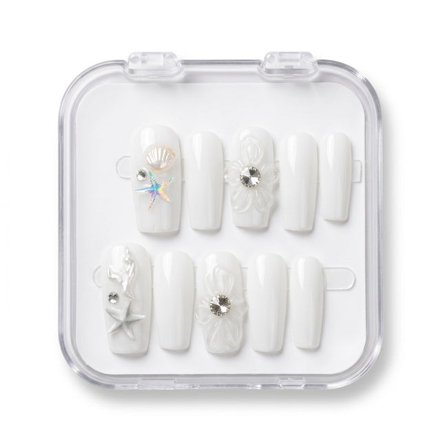 Luxe 3D Floral Ocean Charm Handmade Press-On Nails S062