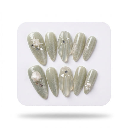 Mermaid Aura – Sage Shimmer 3D Press-On Nails S008