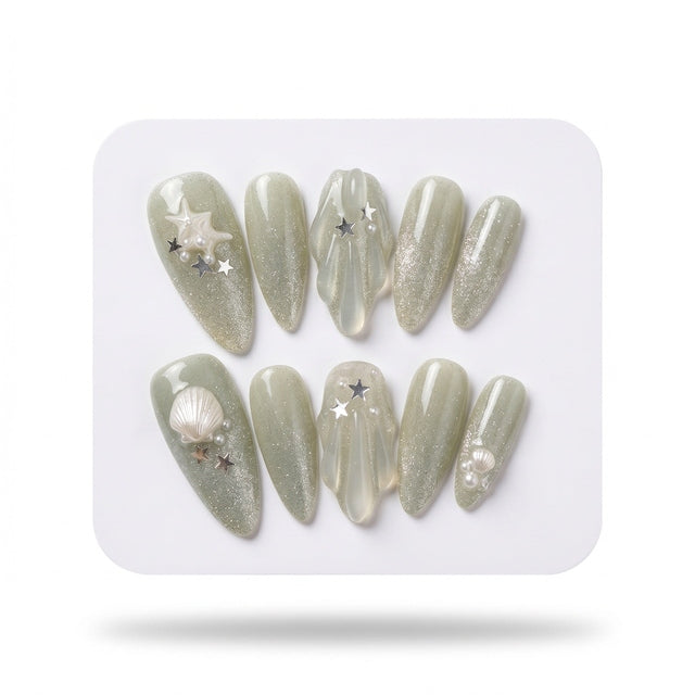 Mermaid Aura – Sage Shimmer 3D Press-On Nails S008