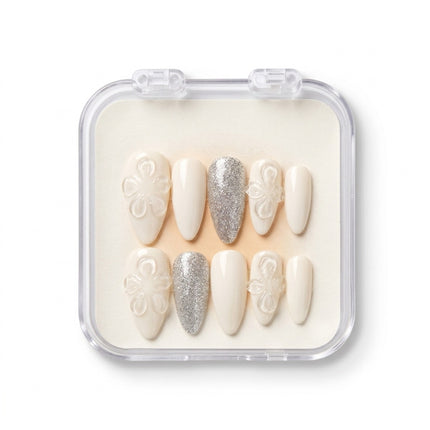 Milky White & Silver Glitter Press-On Nails S048