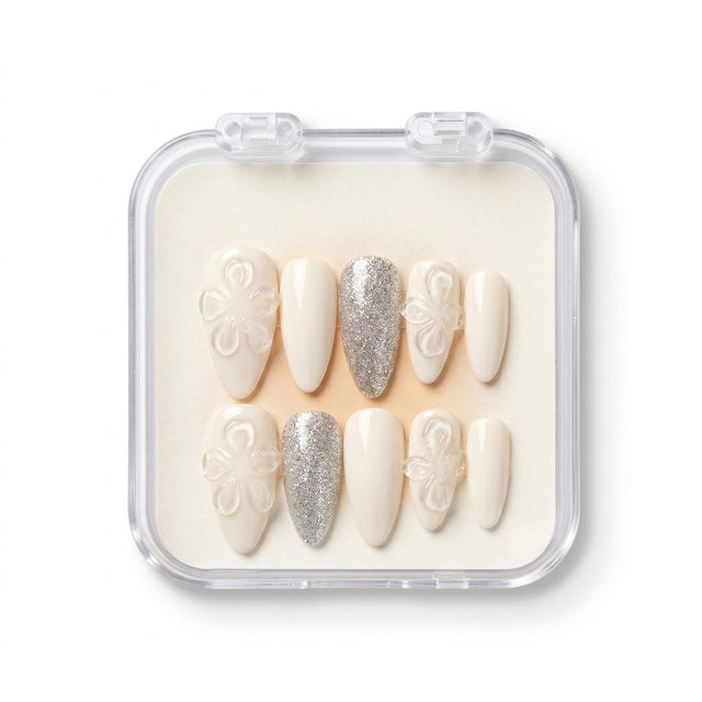 Milky White & Silver Glitter Press-On Nails S048