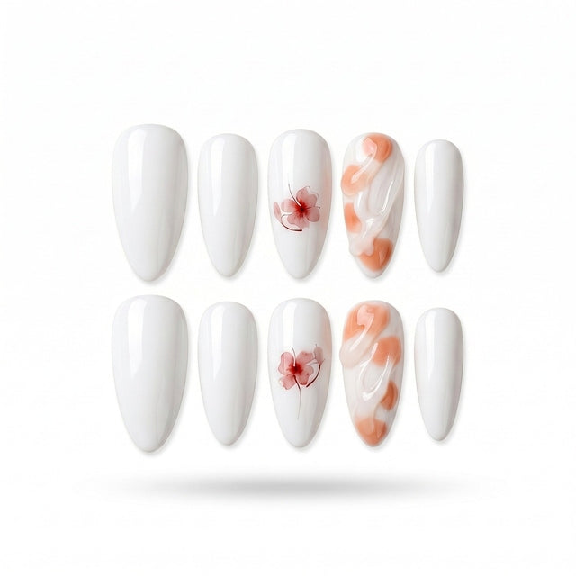 Milky White Watercolor Floral Handmade Press-On Nails S033