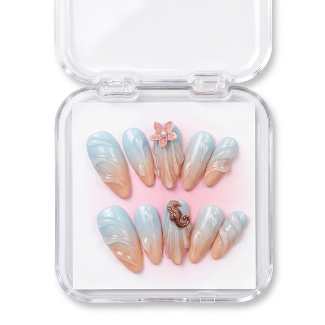 Ocean Breeze Seahorse & Tropical Bloom Gel Nails S096