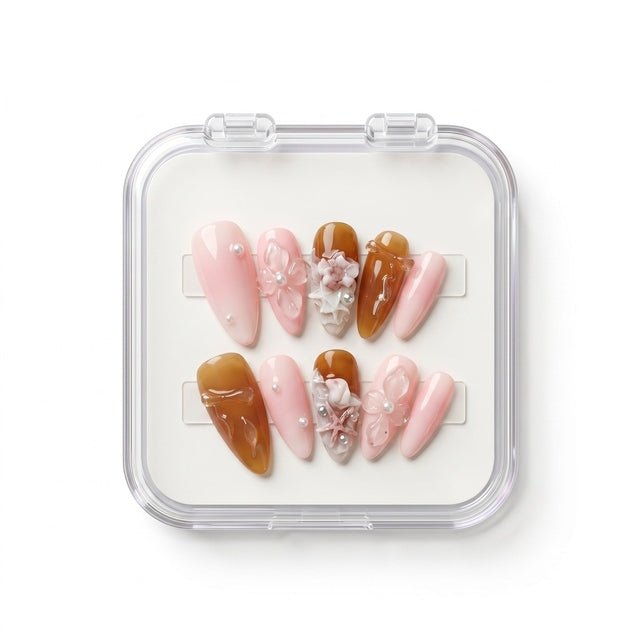 Rosy Amber Seashell 3D Floral Press-On Nails S044