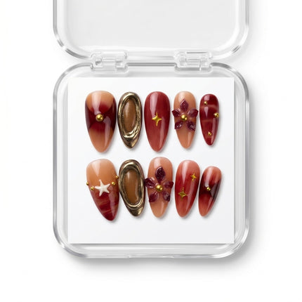 Royal Red & Nude Sculpted Blossom Gel Nails S071