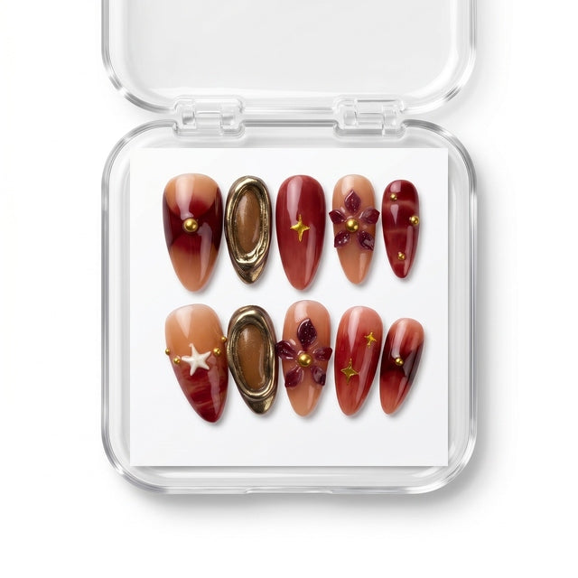 Royal Red & Nude Sculpted Blossom Gel Nails S071