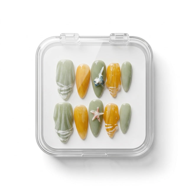 Sage & Amber Coast 3D Handmade Press-On Nails S036