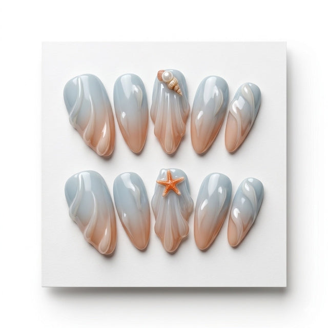 Sandy Beach & Seafoam Blue Luxury Press-Ons S059