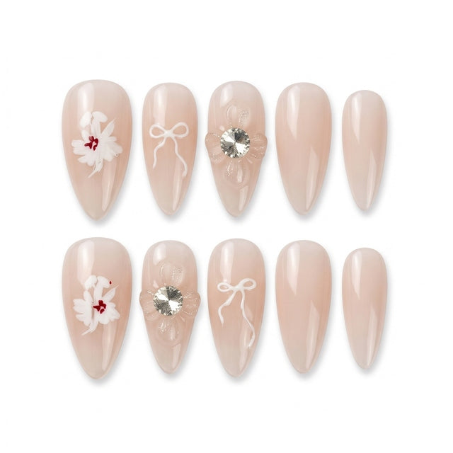 Sheer Nude & White Bow Coquette Press-On Nails S064