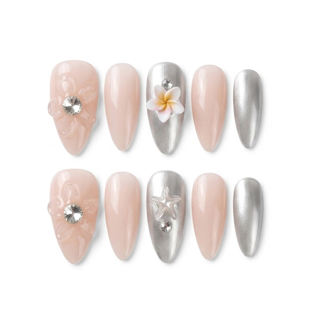 Silver Chrome & Plumeria Handmade Press-On Nails S027