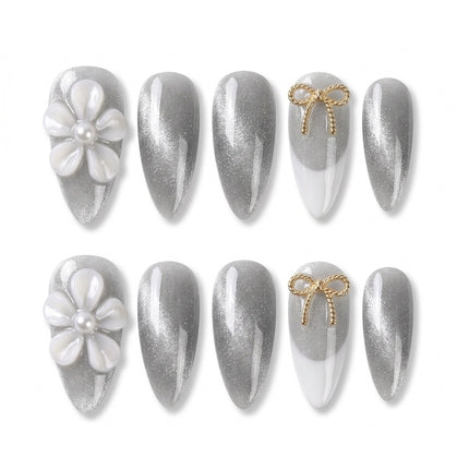 Silver Shimmer 3D Floral Luxury Press-Ons S073