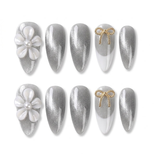 Silver Shimmer 3D Floral Luxury Press-Ons S073