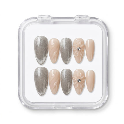 Silver Velvet & Nude Blossom Luxury Press-On Nails S086