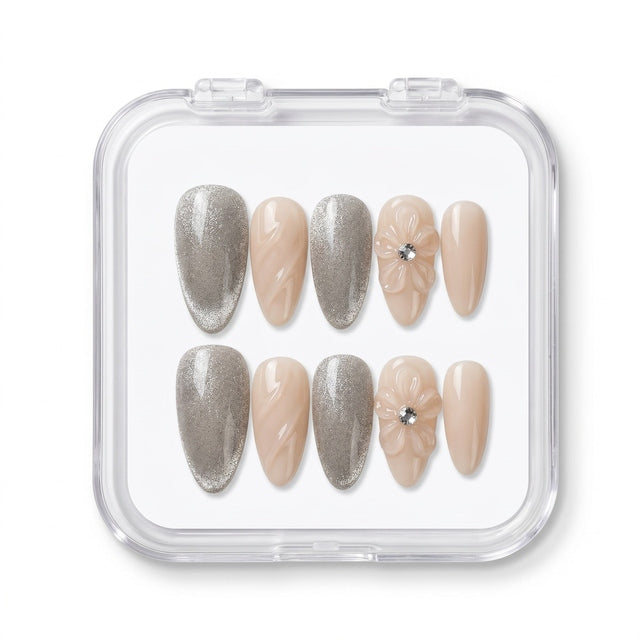 Silver Velvet & Nude Blossom Luxury Press-On Nails S086