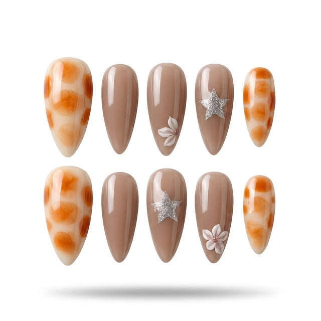 Taupe Tortoiseshell Celestial Handmade Press-On Nails S035