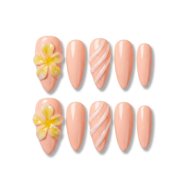Tropical Plumeria & 3D Swirl Press-On Nails S082