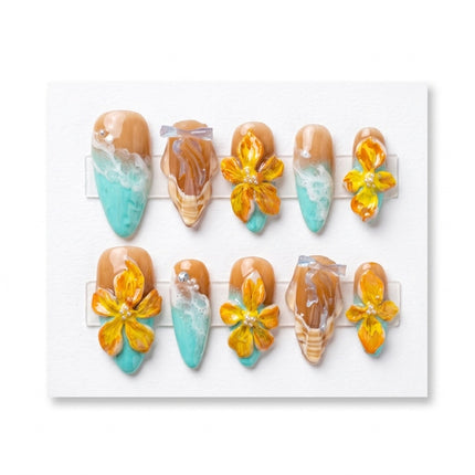 Turquoise Ocean Foam & Hibiscus Press-On Nails S053