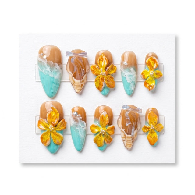 Turquoise Ocean Foam & Hibiscus Press-On Nails S053