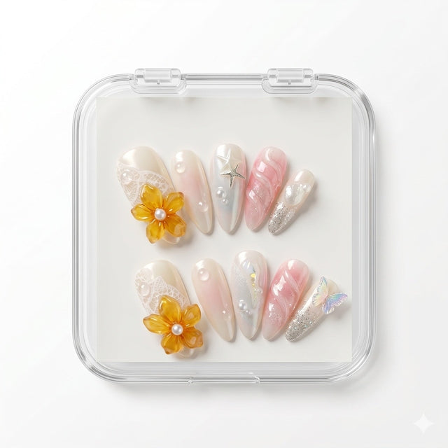 Whimsical Butterfly & Starfish Coastal Almond Nails S092