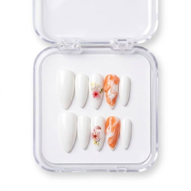 White & Orange Marble Swirl Floral Press-On Nails S068