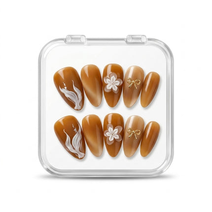 Amber Blossom & Bow Luxury Press-On Nails S076