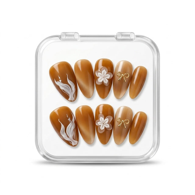 Amber Blossom & Bow Luxury Press-On Nails S076