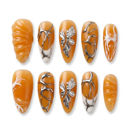 Amber Jelly & Silver Chrome Press-On Nails S050