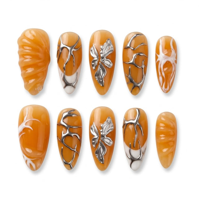 Amber Jelly & Silver Chrome Press-On Nails S050