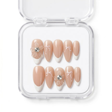Crystal Flora & Bow Nude Almond Nails S087