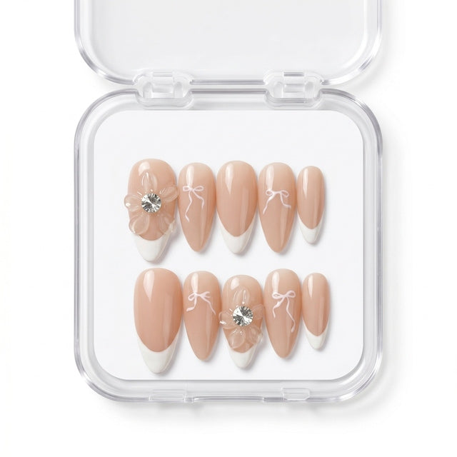 Crystal Flora & Bow Nude Almond Nails S087