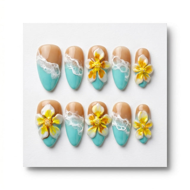 Ocean Foam & Tropical Plumeria Luxury Gel Nails S083