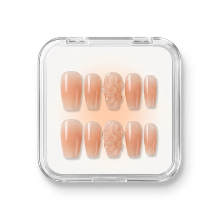 Peach Aura & 3D Blossom Handmade Press-On Nails S081