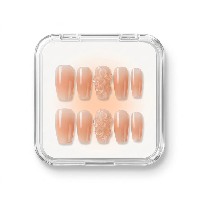 Peach Aura & 3D Blossom Handmade Press-On Nails S081