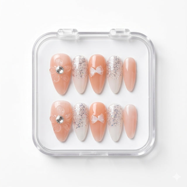 Peach Blossom Bow Press-On Nails S057